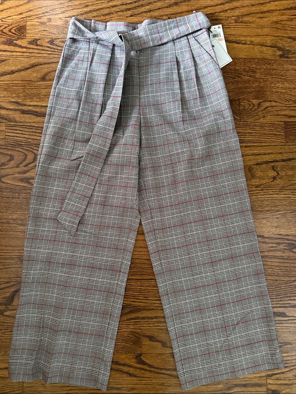 High-Rise Plaid Paperbag Waist Pants with Tie - Gray/Red